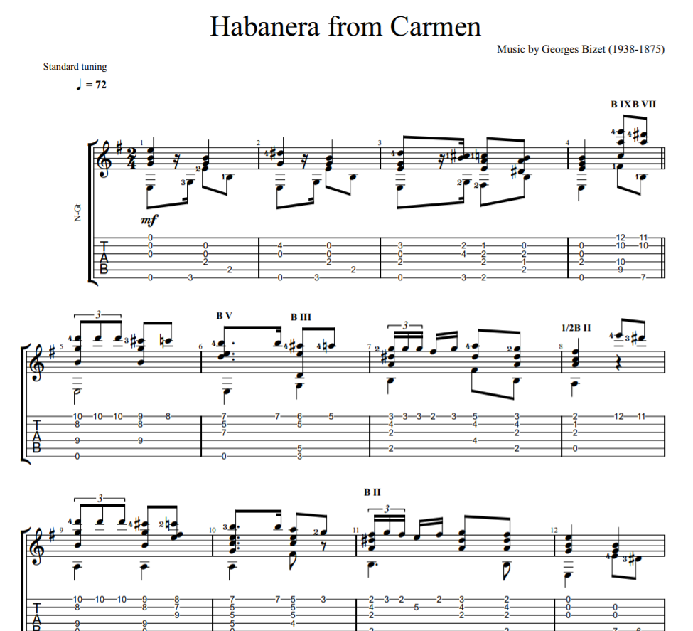 Habanera from Carmen sheet music for guitar tab